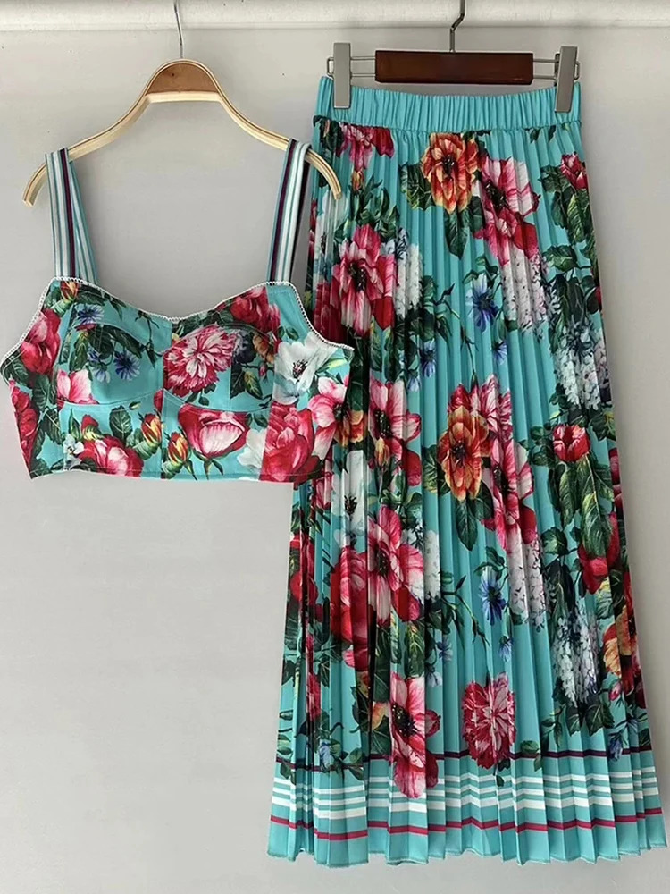 summer womens retro printed sexy suspender strapless twopiece sethigh waist loose pleated skirt fashion set 250515