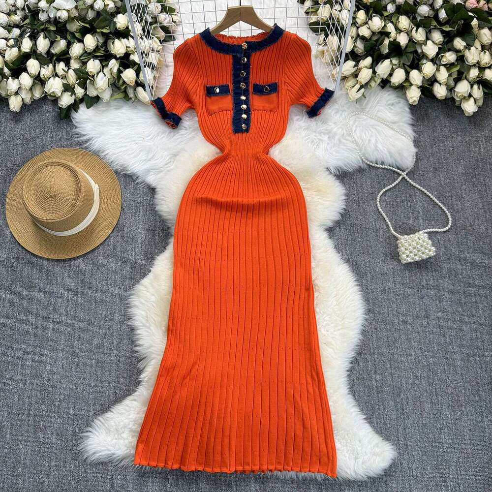 White Dress Maxi Dress Wind Contrasting Color Round Neck Metal Buckle Slim Knit Dress For Women, Elastic Tight Fitting, Hip Hugging, Woolen Dress, Lon
