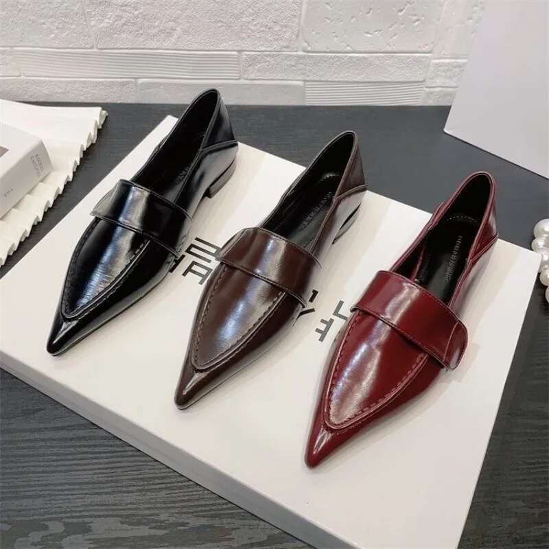 New Women Red Moccasins Fashion Pointed Toe Loafers Ladies Black Ballet Flat Leather Shoe 35-41