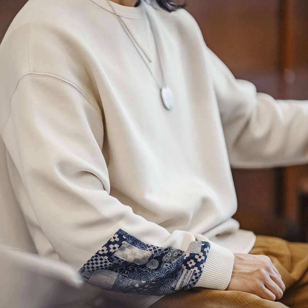 Maden Vintage Boro Patchwork Sweatshirt Casual Round-Neck Tops Men's Classic Pullover For Spring And Autumn Fashion Streetwear Designer