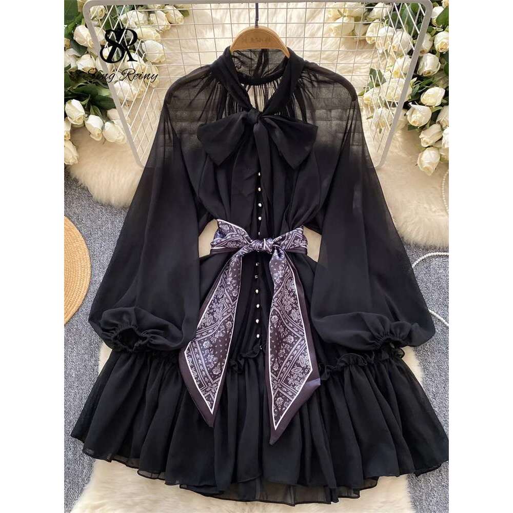 High Street Leopard Sexy Bow Neck Long Sleeves Transparent Loose Autumn Bohemian Casual Print Short Dress