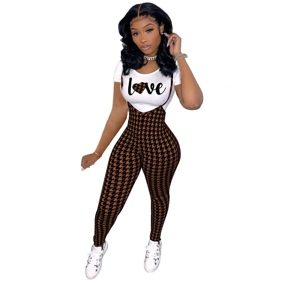 D9828 Womens fashion pattern printed short sleeved T-shirt+suspender jumpsuit