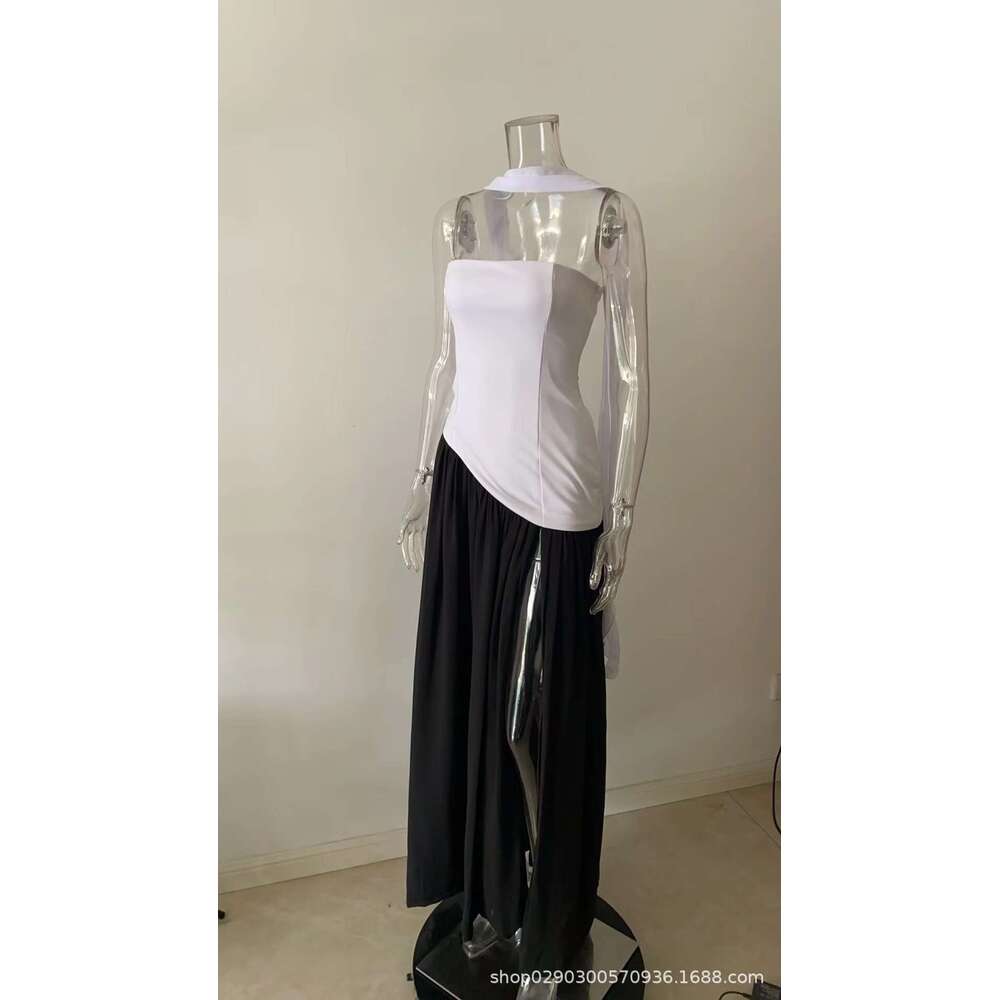 White Dress Maxi Dress Sdm144 Temperament Contrasting Zipper Tight Dress Irregular Slit Sexy Vacation Long Quality Skirt KQ