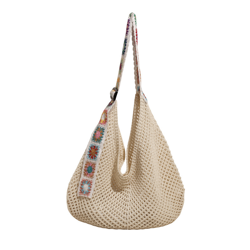 New Women's Small Fresh Knitted Hollow Shoulder New Ethnic Style Designer Crochet Cap Large Capacity Beach Bag Grass Woven Bag Versatile Simple S
