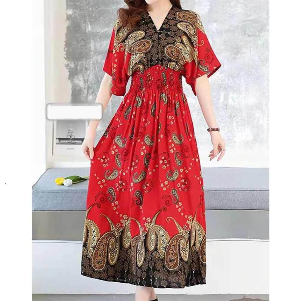 Chic Elegant Office Ladys Dress Short Sleeve High Waist ALine Midi For Women Vintage Female VNeck Retro 250515