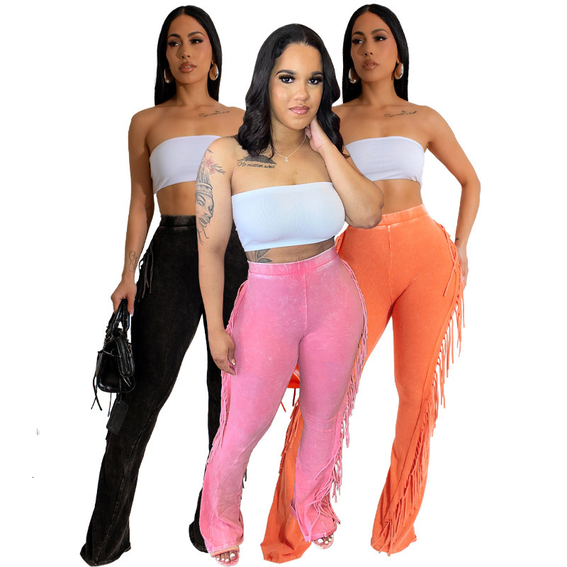 HR24049 casual womens cotton washed distressed tassel elastic tight micro flared pants