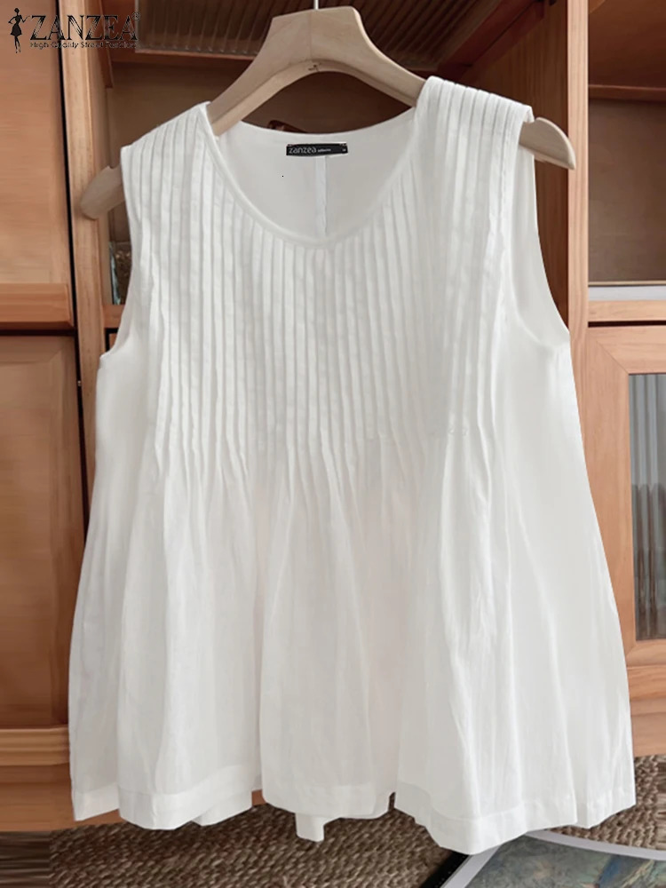 ZANZEA Summer Camis Women Solid Tanks Tops Fashion Pleated Blouse Casual Sleeveless Holiday Shirt Loose Beach Tees Oversize 250515