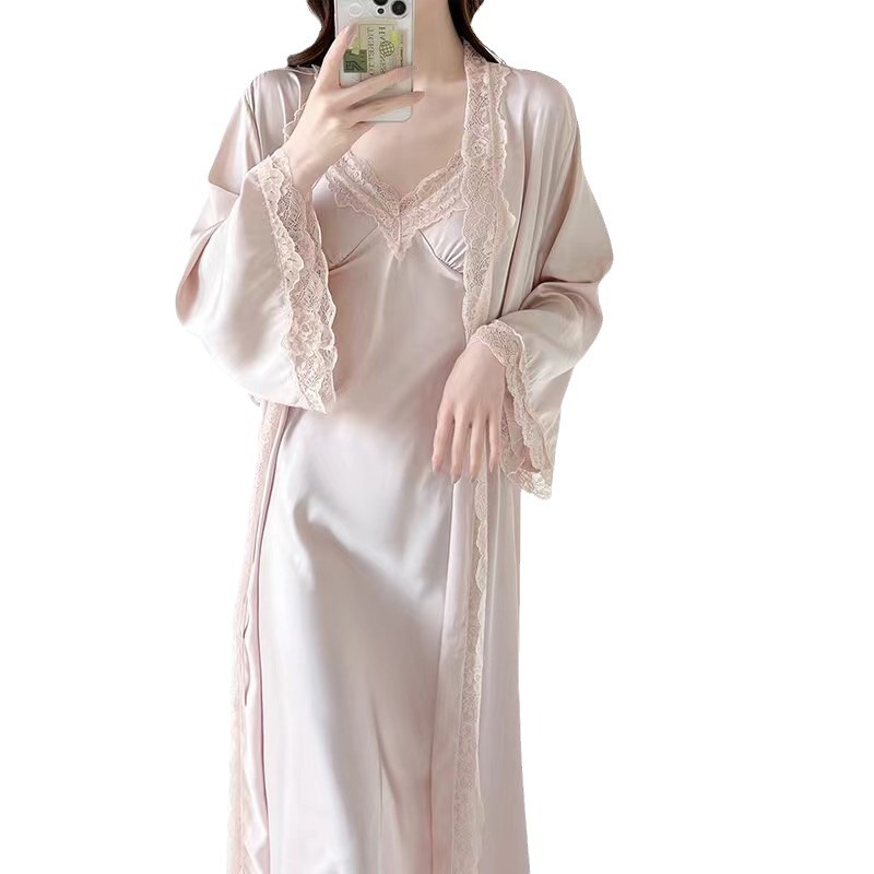 X595 Large size new sexy long suspender dress nightgown two-piece set ice silk home clothes women's V-neck