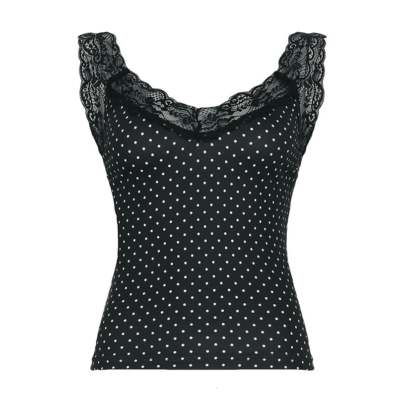 Fashion Sexy Slim Fit Polka Dot Print Lace Trim Women Tanks Chic sweet Summer Basic AllMatch Blouses 250515