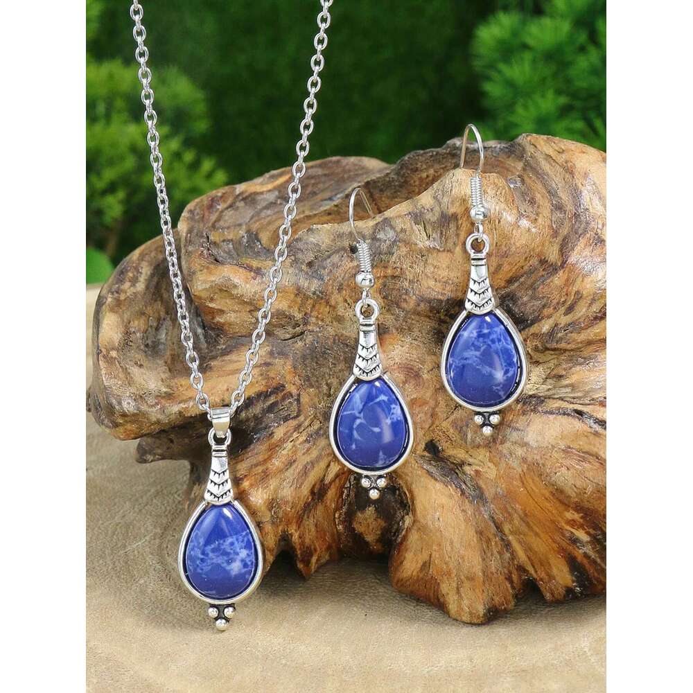Bohemian Holiday Style Jewelry Set Women's Water Droplet Stone Inlaid Classic Simple Earrings Short Necklace