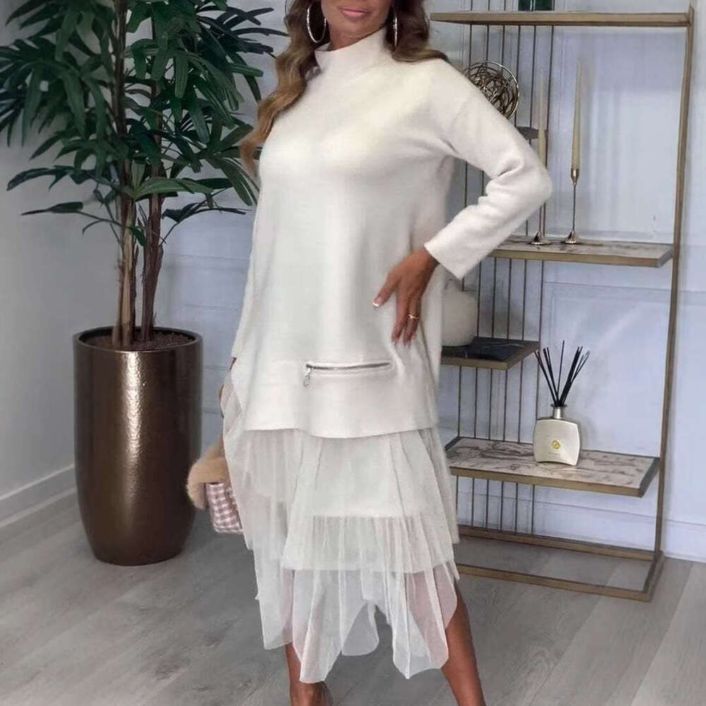 White Dress Maxi Dress 2024 New Collection _ Autumn/Winter Women's Casual Mesh Dress Set KQ