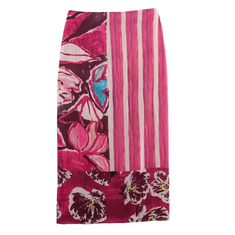 TRAF Floral Long Skirts For Women Boho Summer Print Midi Skirt Woman High Waist Satin Slit Elegant Womens 088 250515