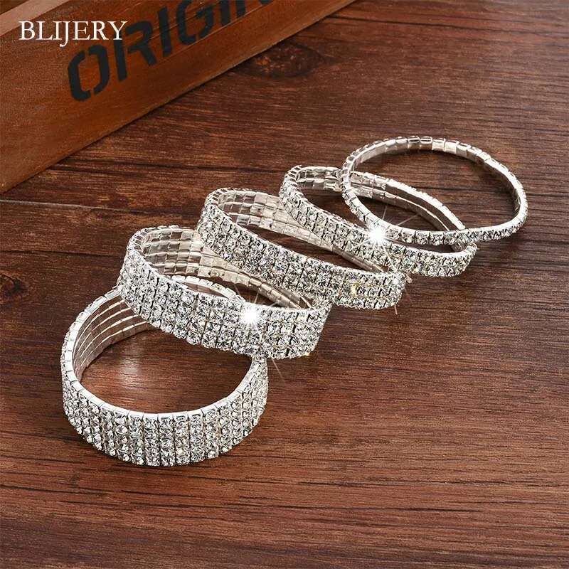 BLIJERY Shiny Crystal For Women Gifts Sier Color Rhinestone Stretchy Bracelets & Bangles Female Wedding Prom Jewelry