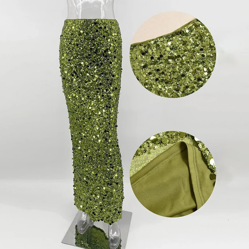 Party Green Shiny Skirts For Women High Waist Fashion Sequin Patchwork Long Femme Trendy Skirt Clubwear 250515