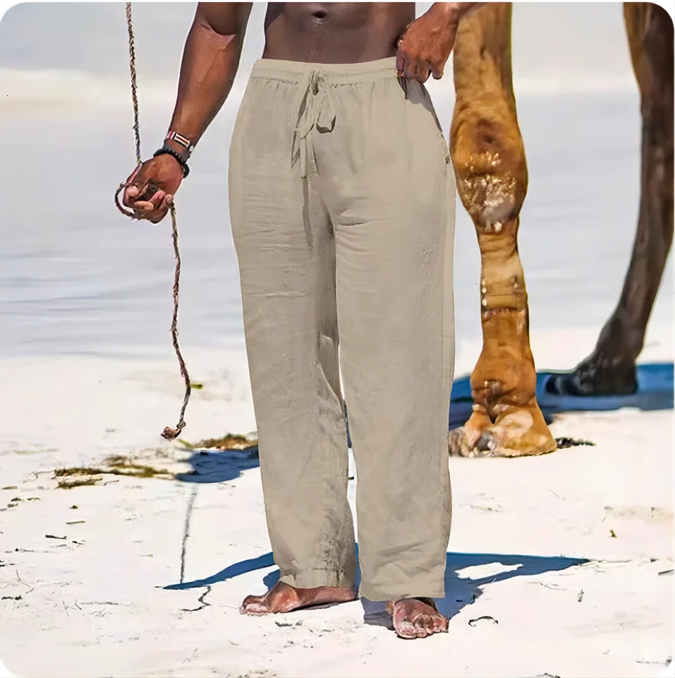 Mens Beach Solid Color Pants Joggers Streetwear Cotton Linen Sweatpants Casual Hawaiian Vacation Loose Summer Long S4XL 250515