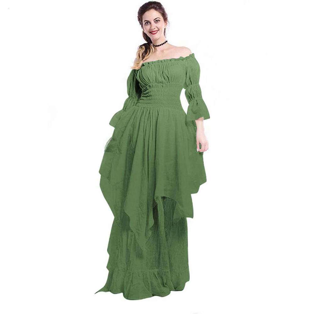 White Dress Maxi Dress Gorgeous Lace Flare Sleeves Gothic Cosplay Prom Princess Dress KQ