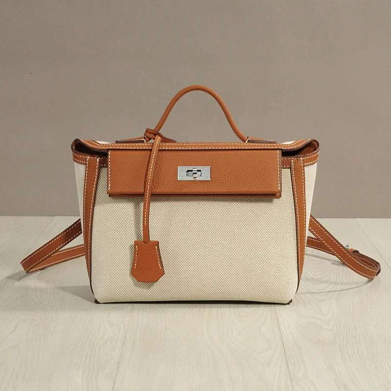 Vintage Classic High-End Feel Canva Cow Leather Flip-Open Molded Lock Buckle Color Blocking Small Square Crossbody Bag