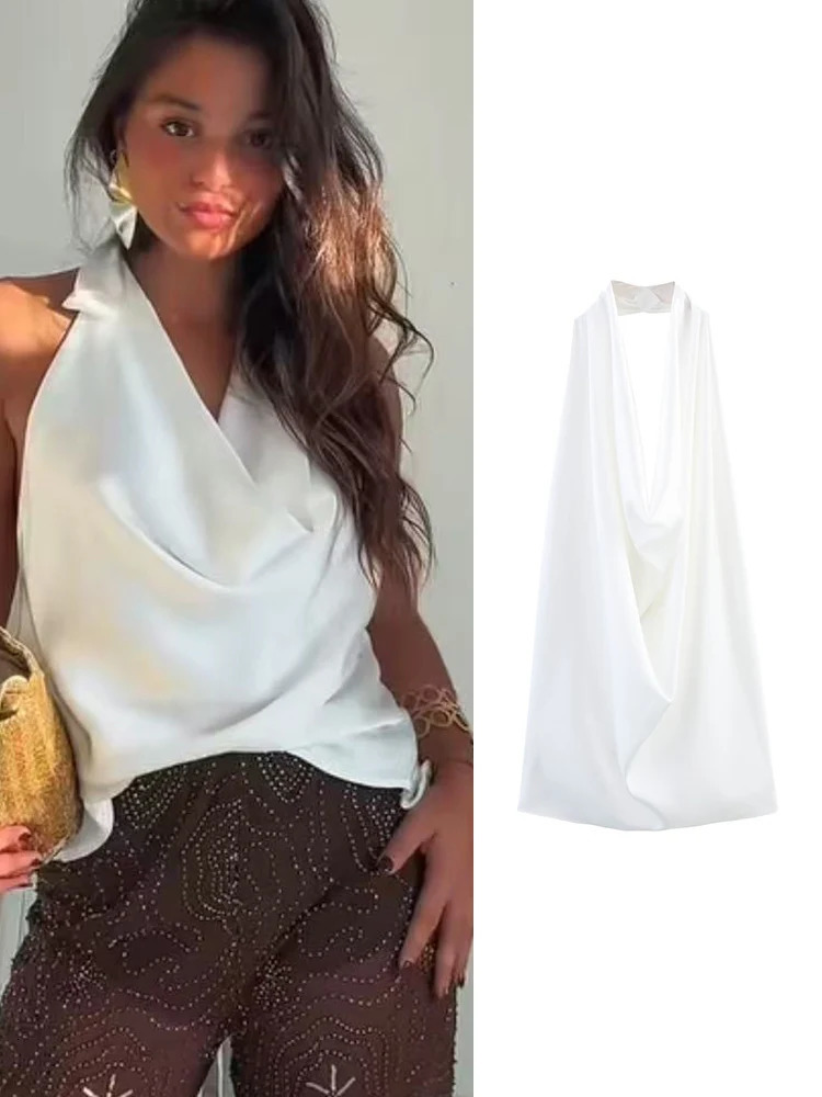 TFMLN Elegant Womens Halter Tops White Vneck Backless Fashion Lady Summer Casual Sleeveless Streetwear 250515