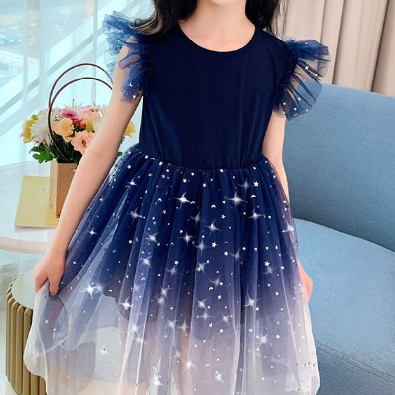 DISNEY kids designer clothes Frozen Elsa princess Girls' Starry Sky Gradient Short Sleeve Dress Princess Dress Puff Sleeve Tulle Skirt for Childr