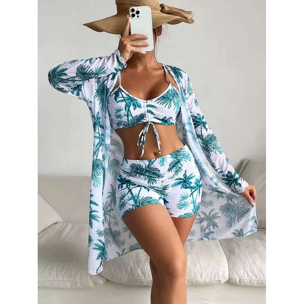 Mingyi's multi colored European American mesh cover shirt fashionable sexy, leg length shorts three piece set. It women's swimsuit with vers