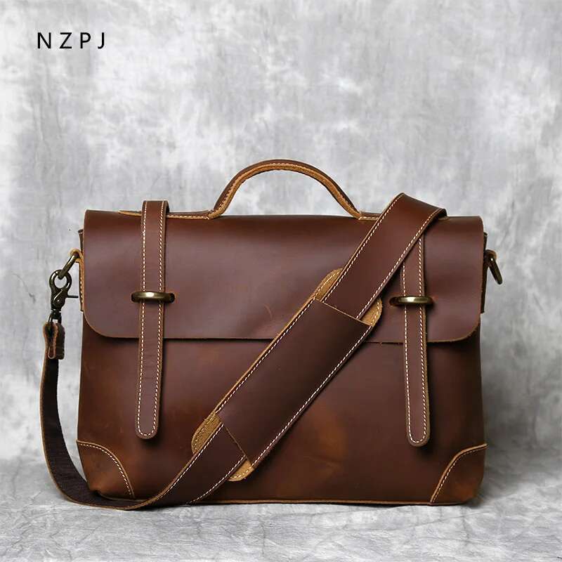 Retro Men's Handbag Top Layer Cowhide Briefcase Crazy Horse Leather Messenger Shoulder Large Capacity Computer Bag NZPJ