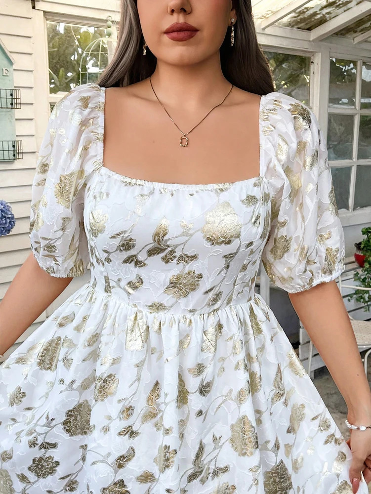 Plus Size 2025 Womens Romantic Cut Floral Stamped Vacation Bubble Sleeve Dress Polyester Beach 250506