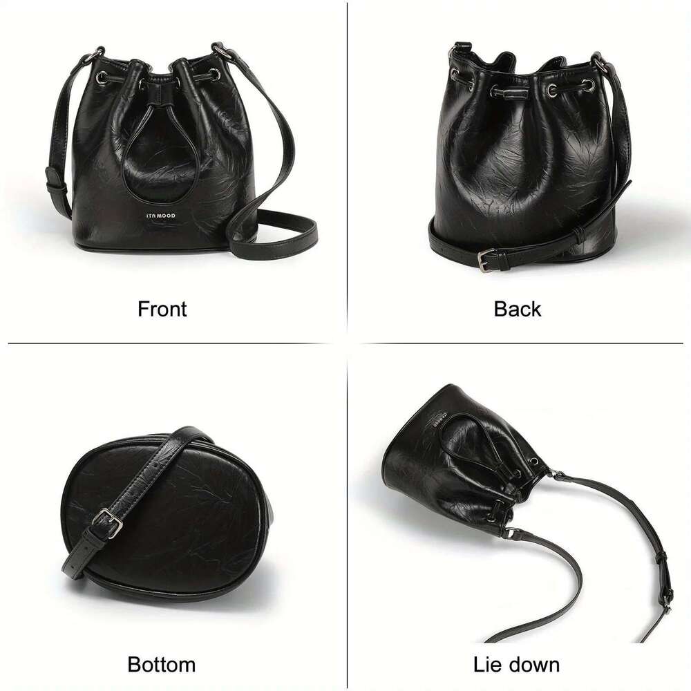ITAMOOD Women Bucket For Cosmetics Cell Phone Black Niche Original Designer Leather Shoulder Crossbody Small Bag
