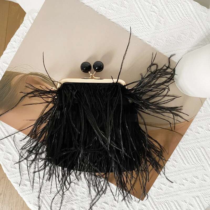 Women Mini Ostrich Feather Clutch Fur Evening Chain Purse Party Ladies Elegant Banquet Bag