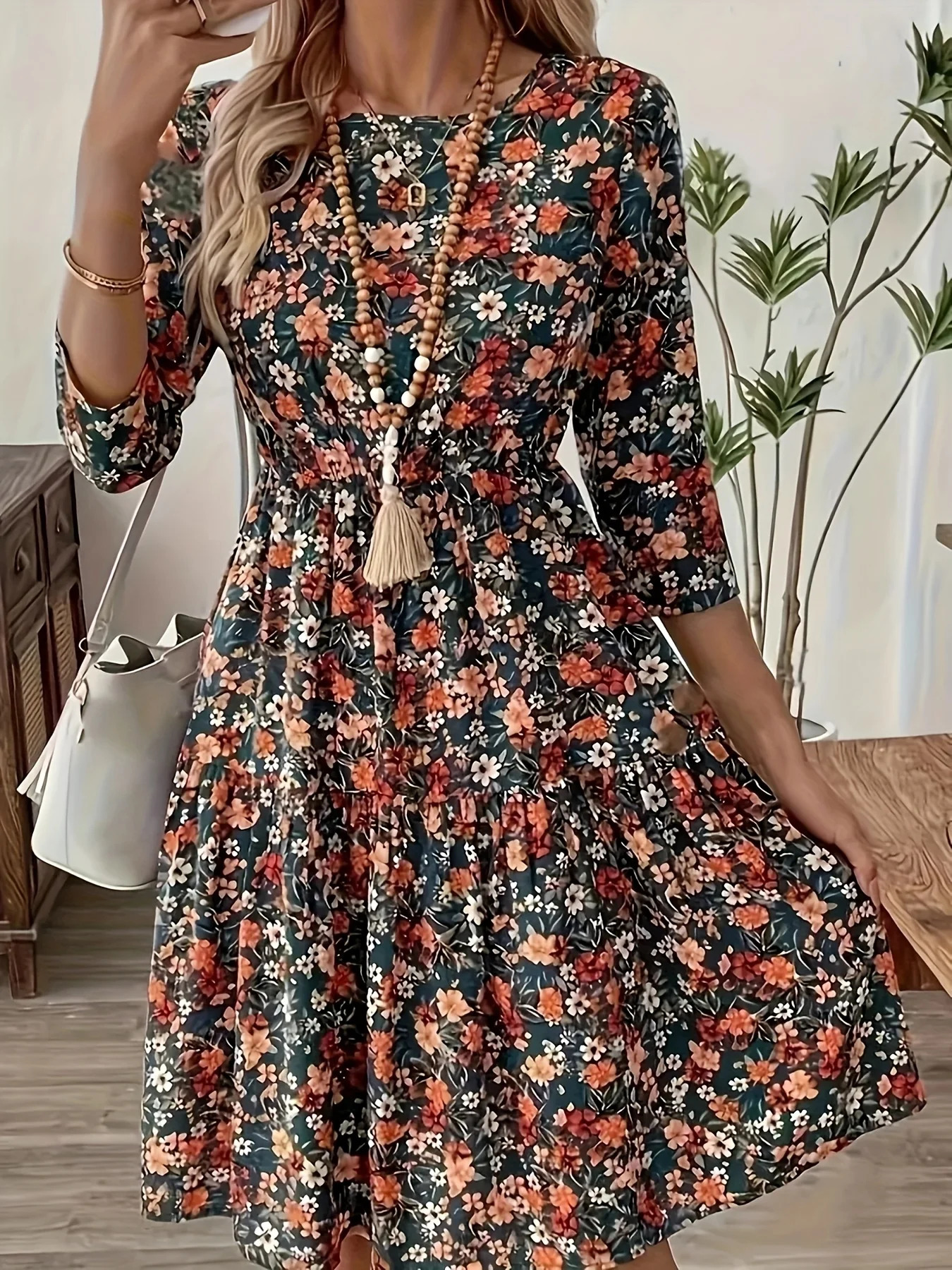 Plus Size Womens Pleated Floral Round Neck Casual Midi Dress with Fringe Detail Polyester 3/4 Sleeves Ruffle Hem Dress 250509