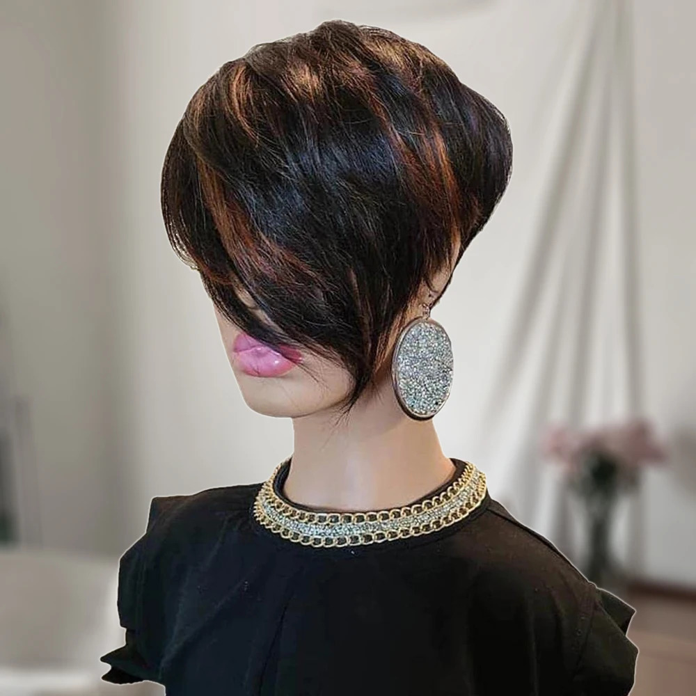 Short Pixie Cut Wig Human Hair with Bangs for Black Women 150% Density Brazilian Remy Hair Easy to Wear Short Machine Made Wig 250512