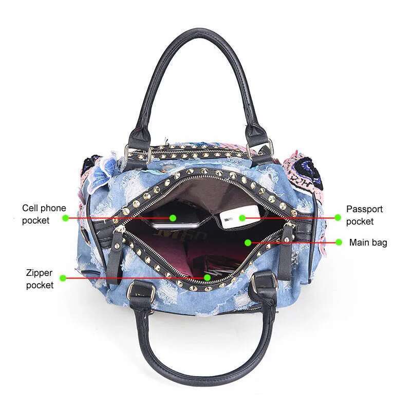 Ipinee New Women Lage Travel Cute Cartoon Daypack Denim Bags Handbags Fashion Shoulder Bag Female