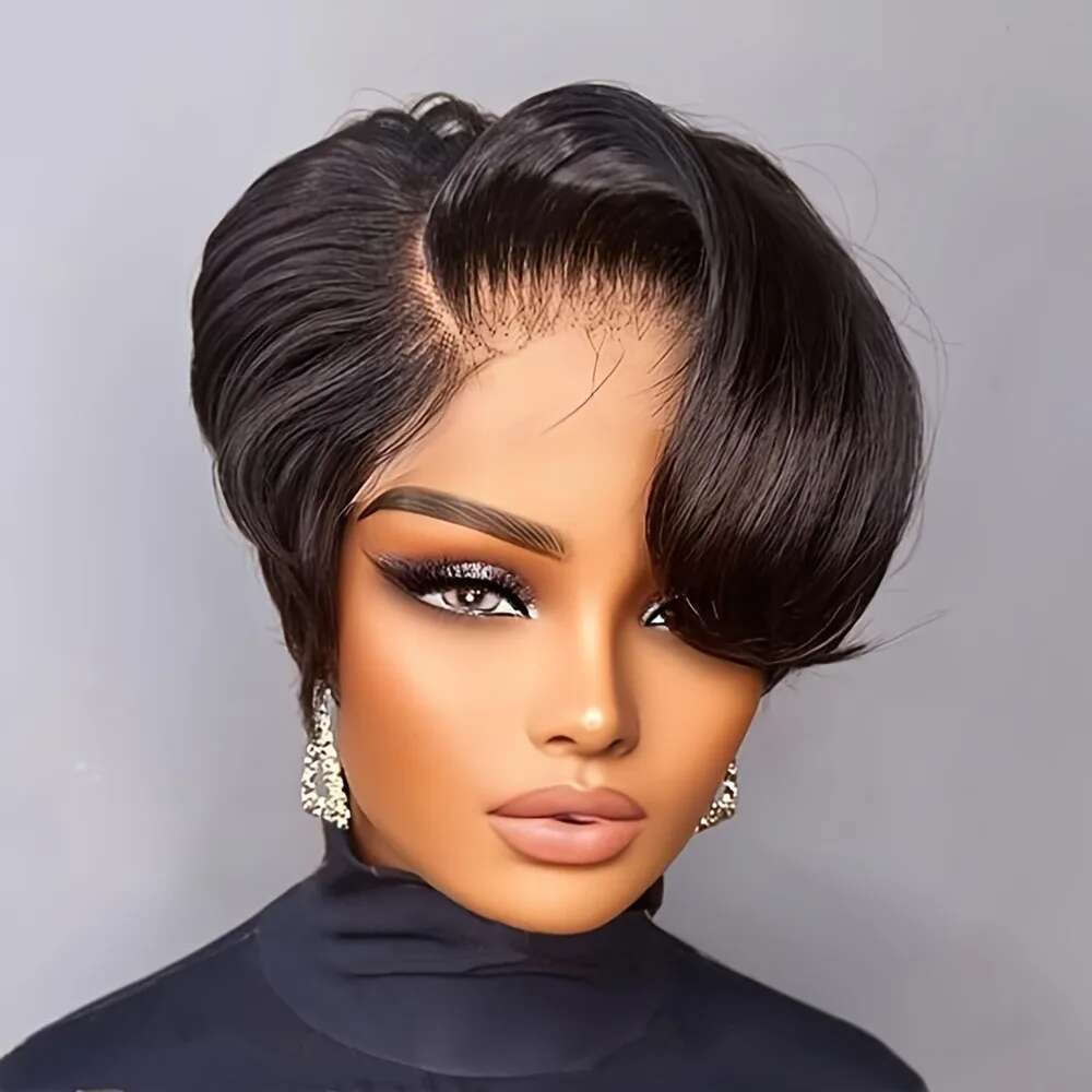 natural black color cut short curly 6inch 150% density daily party use remy wig pixie 13x1 T lace human hair wigs