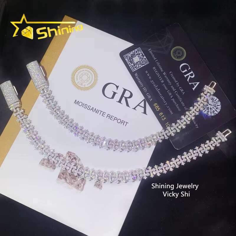 Fine Jewelry Hip Hop Iced 8mm Moissanite Cross Bracelet Pass Tester 925 Silver VVS Moissanite Diamond Cuban Link Chain