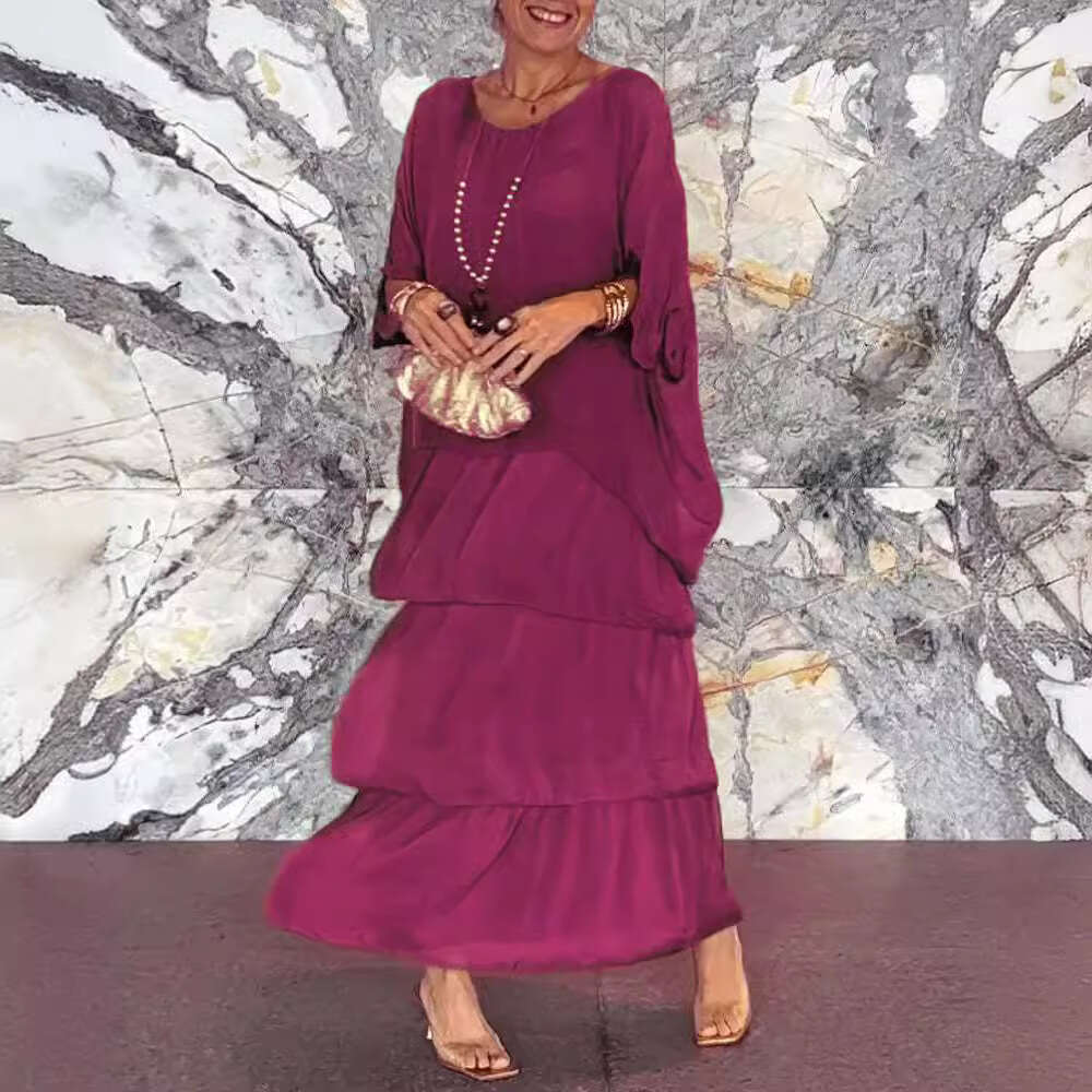 White Dress Maxi Dress 2024 Fashion New Chiffon Mesh Bat Sleeves Round Neck Long Dress KQ