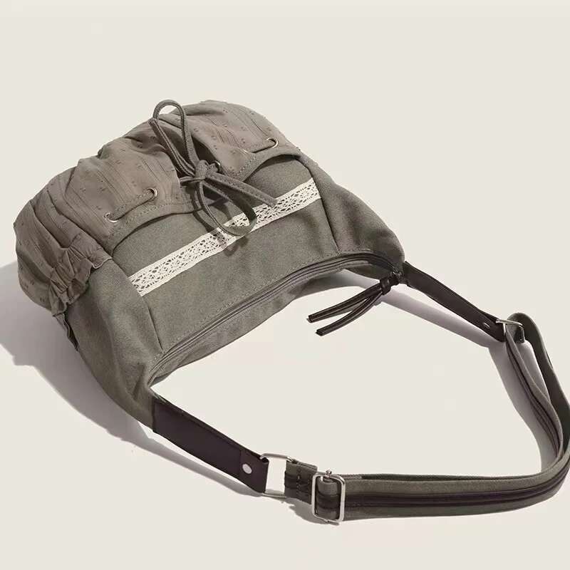 JIAERDI Sweet Cool Bow Canvas Shoulder Bags Women Vintage Drawstring Chic Casual Crossbody Ladies Retro Messenger Bag Bolsos