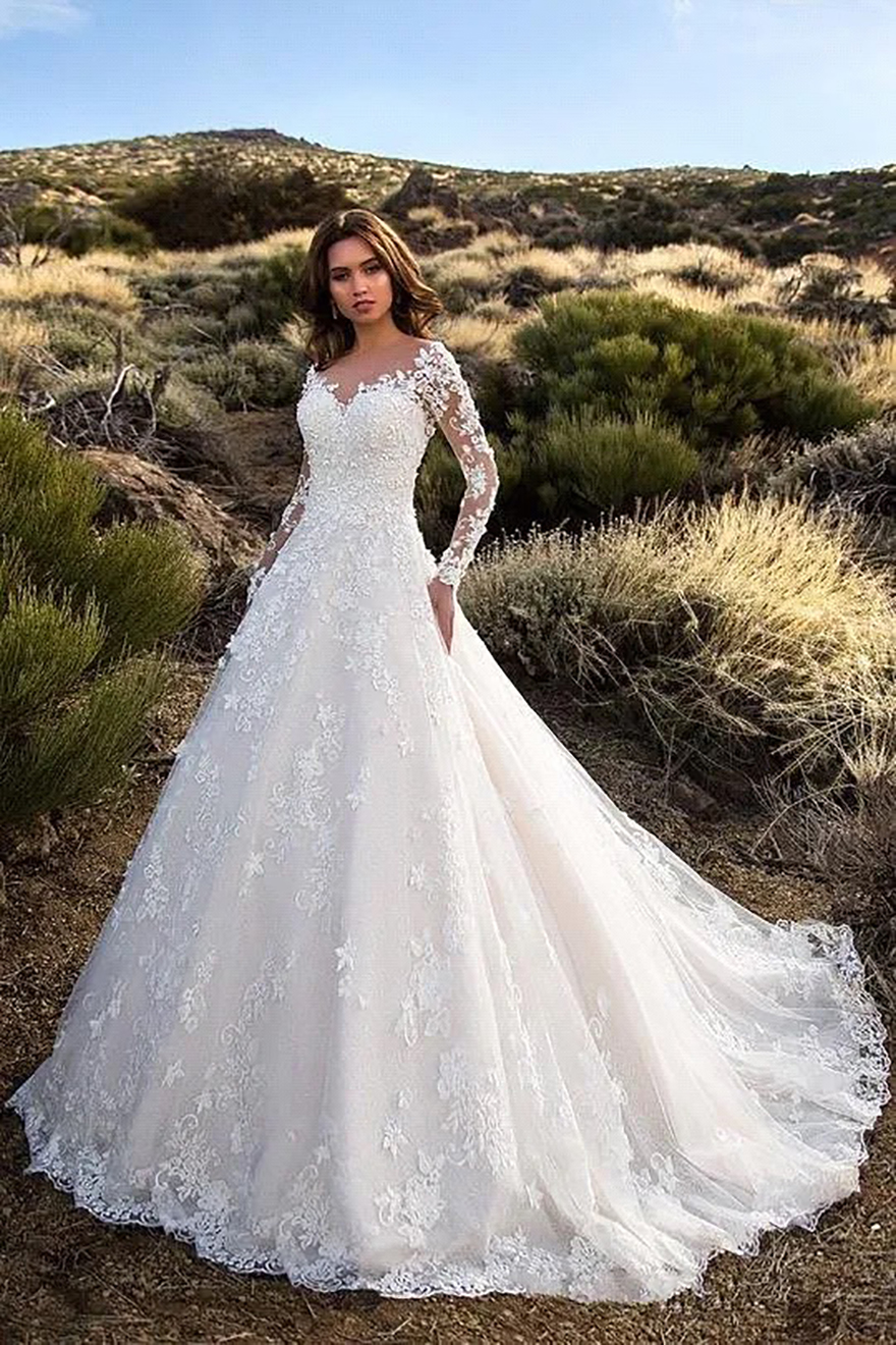 Modest Arabic Dubai Lace Wedding Dresses 2025 Appliques V-neck Long Sleeves Bride Wedding Gowns Vestido De Novia