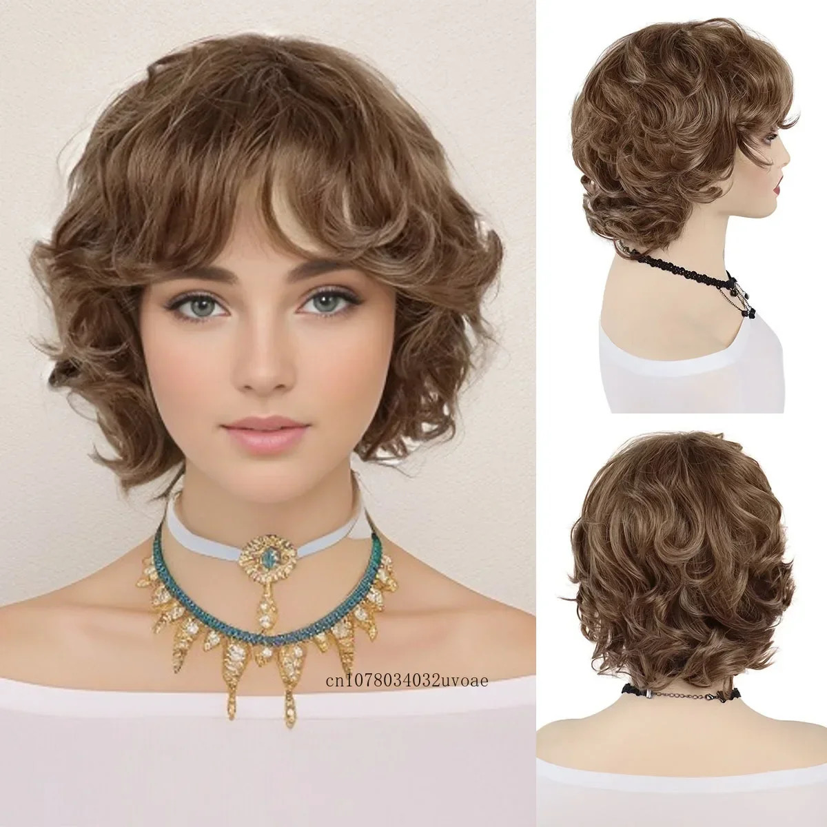 Brown Curly Wig with Bangs Synthetic Short Wigs for Women Korean Hairstyle Witty Cute Ladies Hair Daily Cosplay Halloween Party 250512
