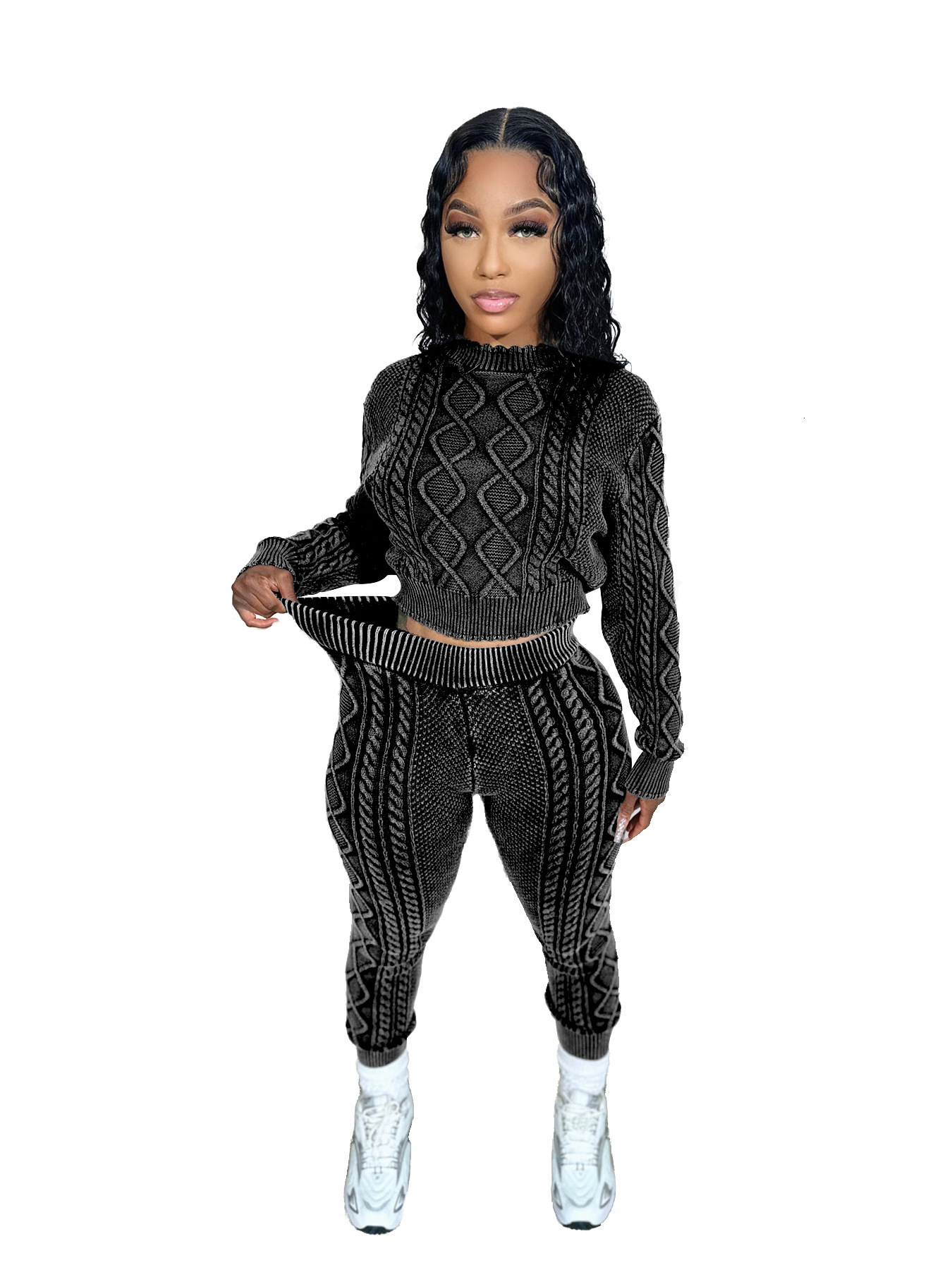 HR23111 Womens wash worn style knitting diamond Fried Dough Twists pullover sweater suit