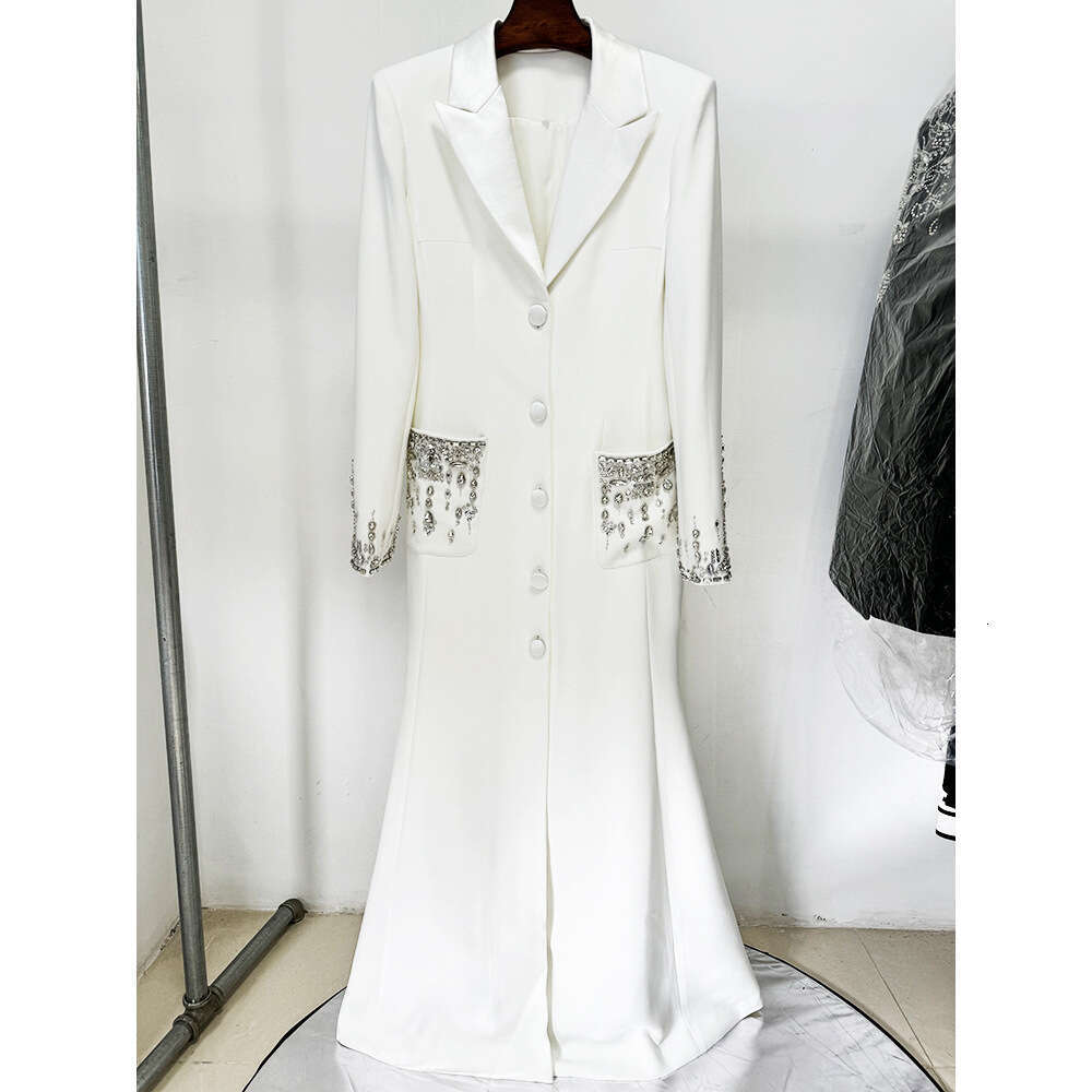 2025 Celebrity Fashion Heavy Industry Nail Bead Diamond Set Suit Collar Tail Long Dress