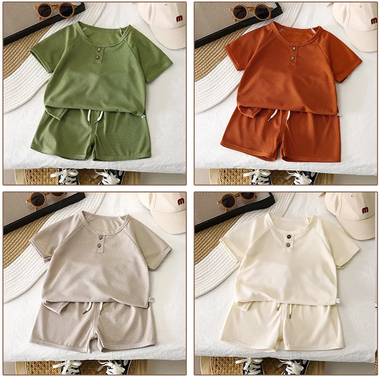 Baby Boys Waffles Clothes Sets Kids Solid Shirt Shorts 2PCS Suit Toddler Costume Summer Childrens Clothing Casual 250515