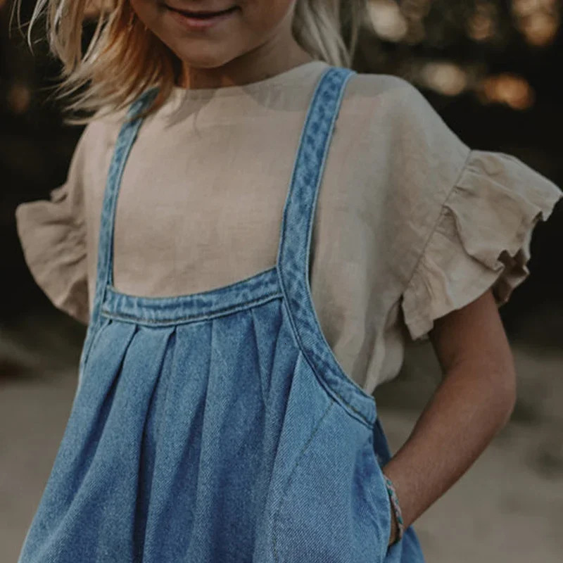 Childrens Summer Cotton Linen Suit Chic Ruffled Short-Sleeved Top Loose Shorts Casual Boys And Girls Two-Piece Sets 250515