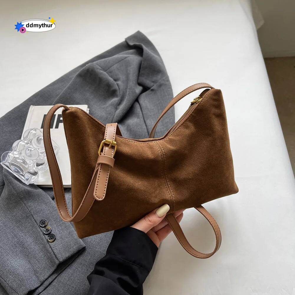 Women Suede Crossbody Adjustable Strap Underarm Bag Multiple Pocket Zipper Satchel Purse for Work Travel ddmythur