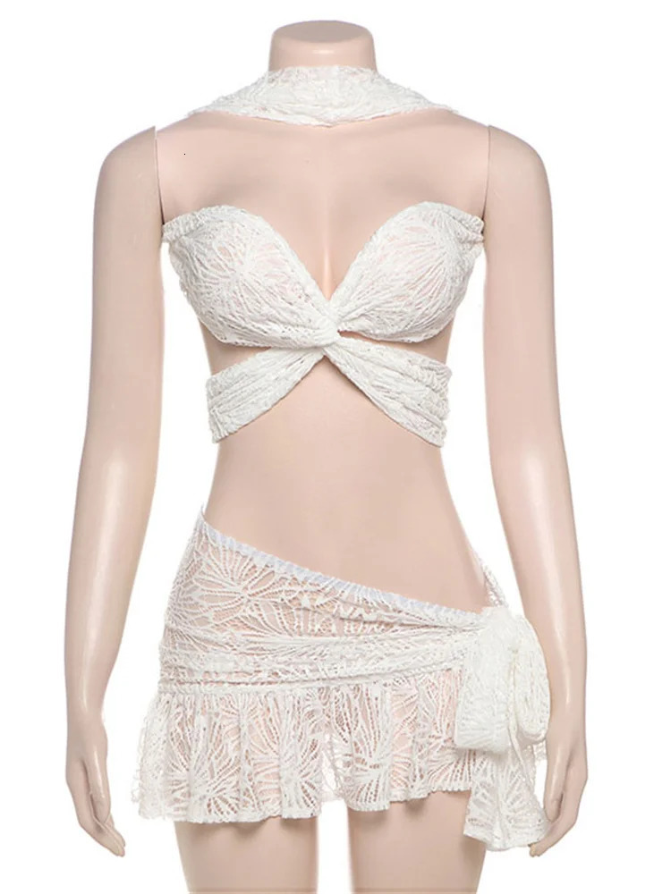Tossy Summer Lace 2 PieceSet Skirt For Women Hollow Out Tube Tops And High Waist Sexy SeeThrough Sets Female Outfits 250515