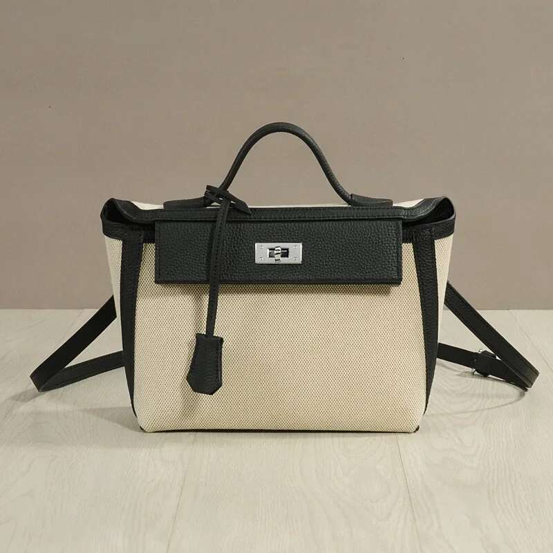 Vintage Classic High-End Feel Canva Cow Leather Flip-Open Molded Lock Buckle Color Blocking Small Square Crossbody Bag