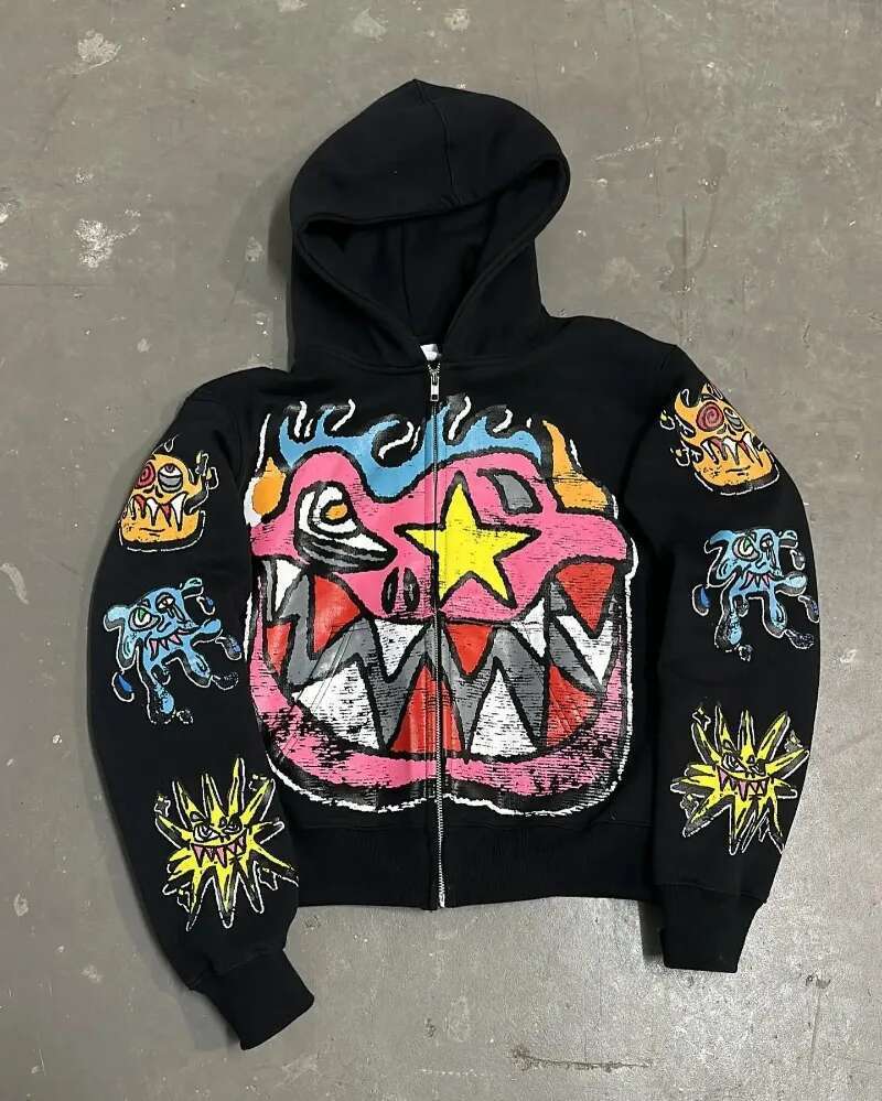 American Gothic trendy letter pattern printed oversized hoodie men's Y2K fashion Haruku all-match loose zipper sweatshirt