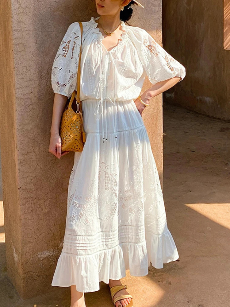 French Vacation Style ed White Blouse Lace Floral Midi Skirt Women Summer 100% Cotton HollowOut TwoPiece Dress Set 250515
