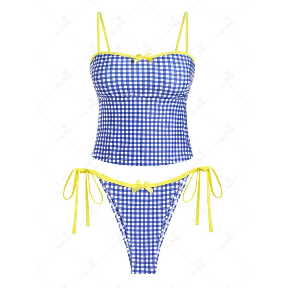 Yiiciovy Plaid Print Summer Swimming Women Bikini Set Spaghetti Strap Crop Tops Tie-up Low Rise Thongs Bathers Bathing Suit