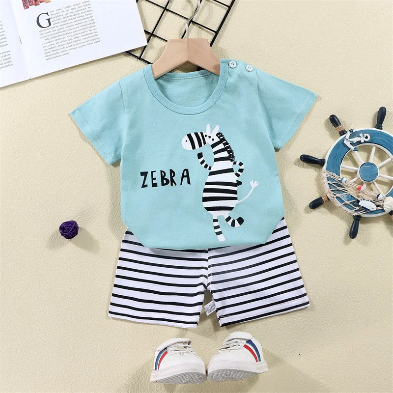 Cotton TeesShorts 2-piece Tracksuit Set Kid Cartoon Zebra Dinosaur Print Summer Suit Children Boys Girls Baby 1-6 Years Clothes 250515