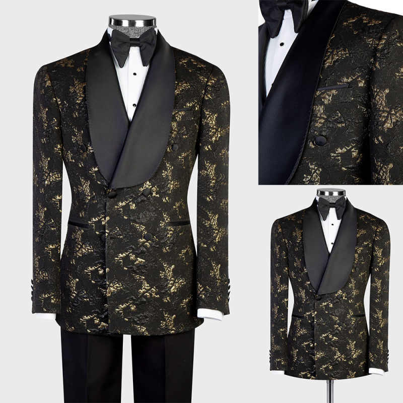 Golden Print Men Pants Suits Customized Silk Shawl Lapel Wedding Tuxedos Party Sets Male Blazer Homme 2 Pieces