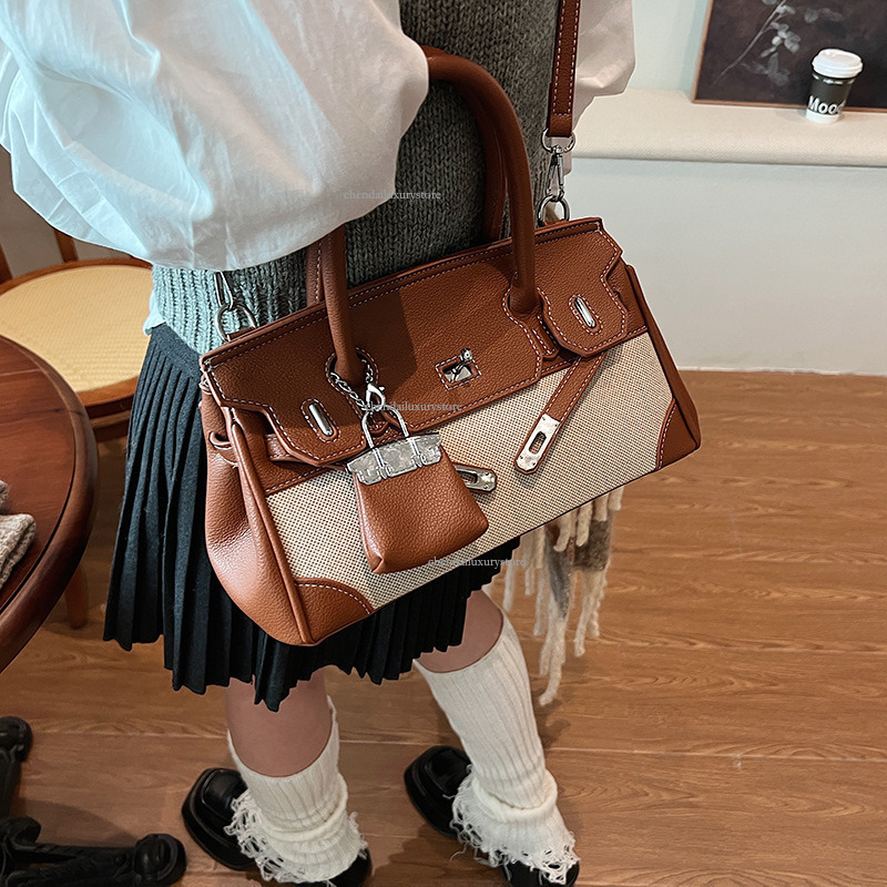 2025 Women's Splicing Color Contrasting Handbag Designer's New Fashionable Linen Cross Shoulder Strap Buckle Crossbody Bag Large Capacity Fr